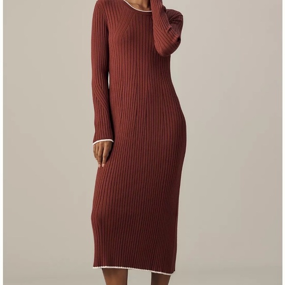 Varley Long Sleeve Ribbed Dress in Rich Brown - Picture 1 of 3